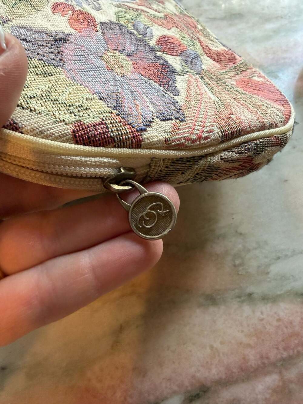 Vintage Floral Tapestry Cosmetic Pouch with OR Logo Zipper Pull